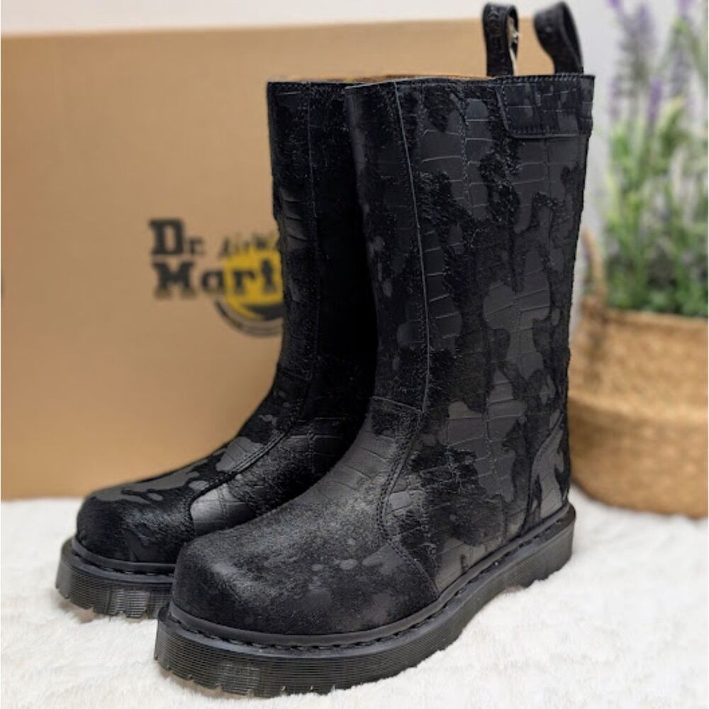 Dr. Martens Rejena Hair On Croc Emboss Black Leather Combat Boots UK 7 NIB